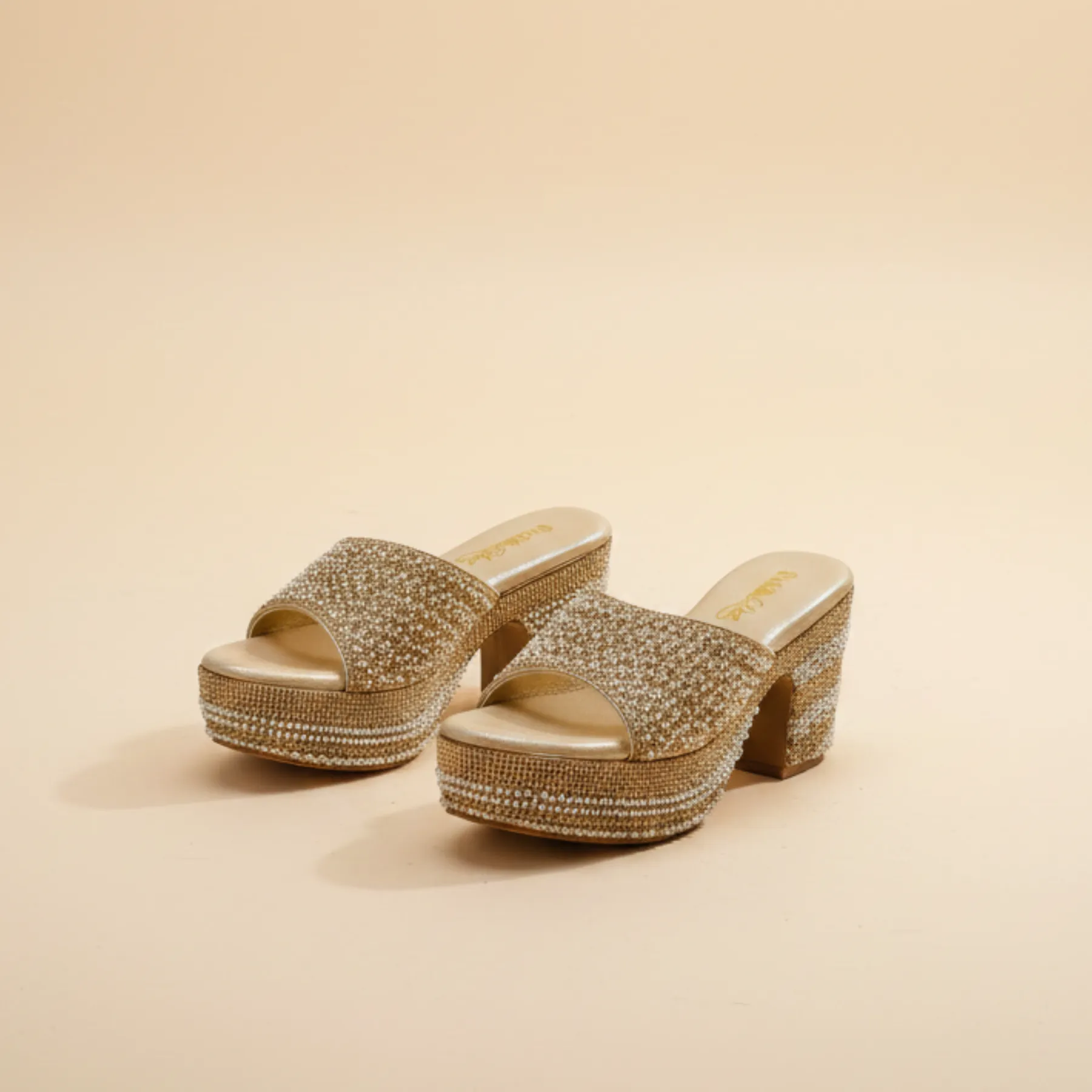 Glitzy Gold Rhinestone & Pearl Encrusted Platform Mules - Image 6