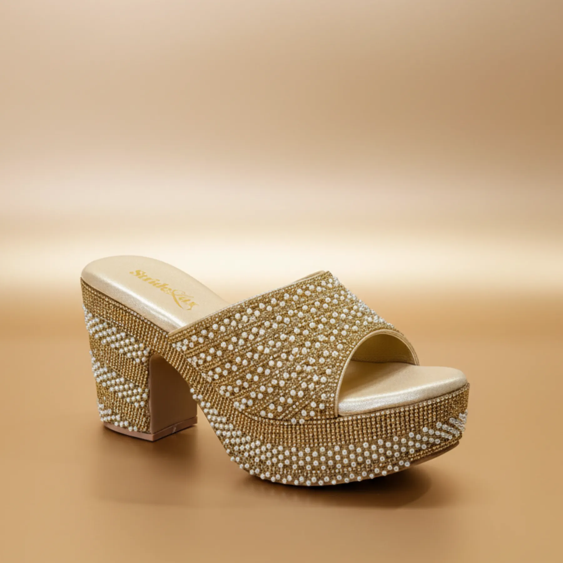 Glitzy Gold Rhinestone & Pearl Encrusted Platform Mules