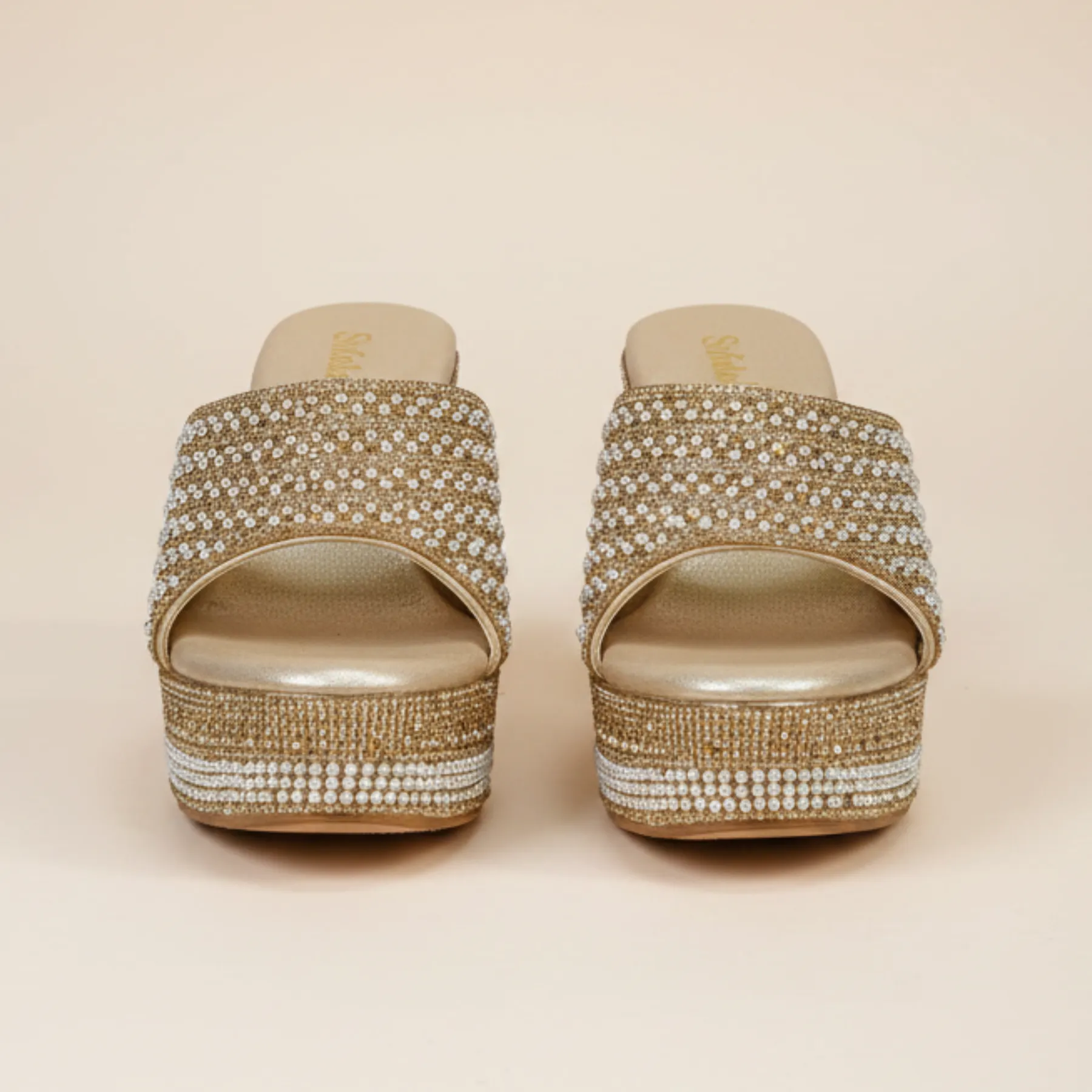 Glitzy Gold Rhinestone & Pearl Encrusted Platform Mules - Image 3
