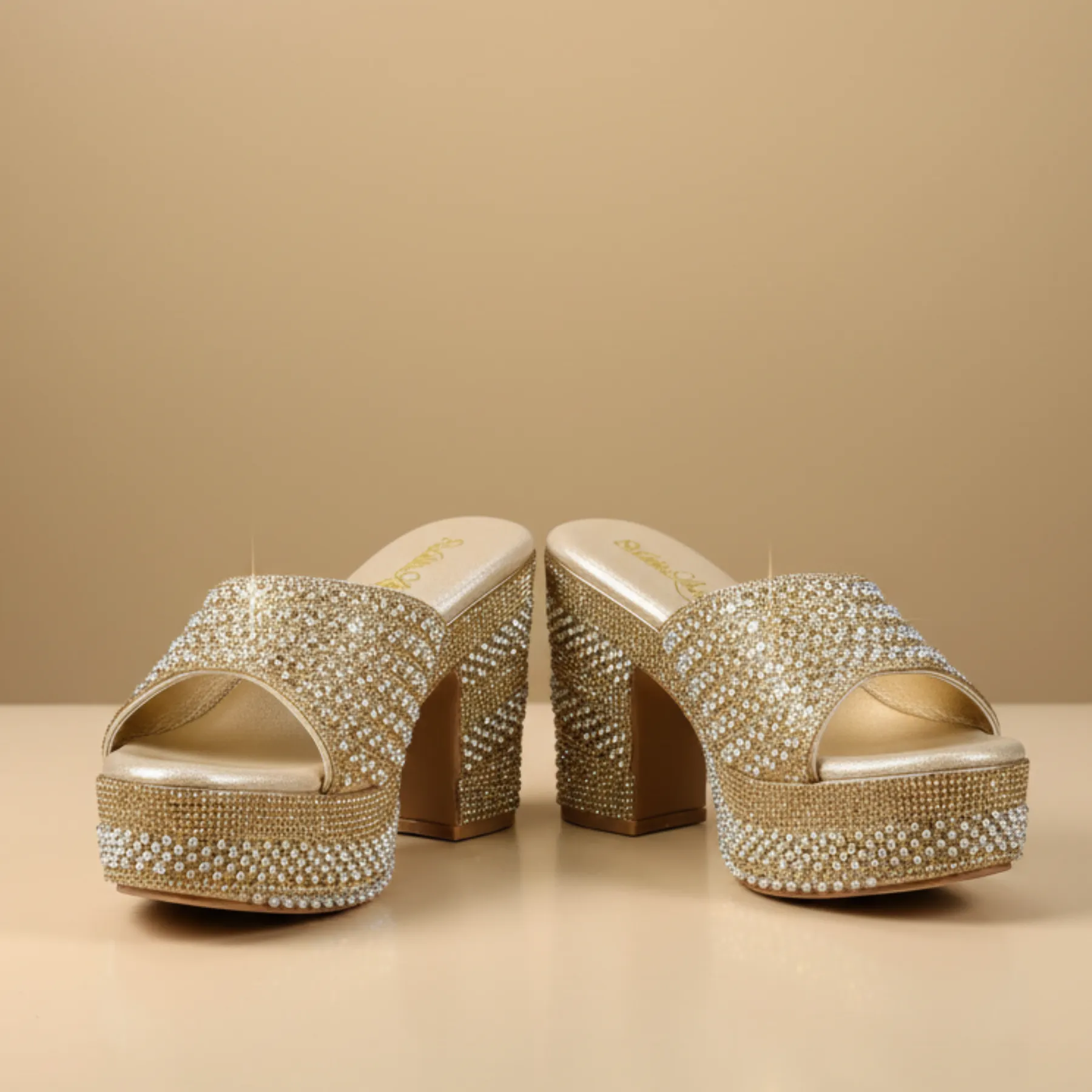 Glitzy Gold Rhinestone & Pearl Encrusted Platform Mules - Image 5