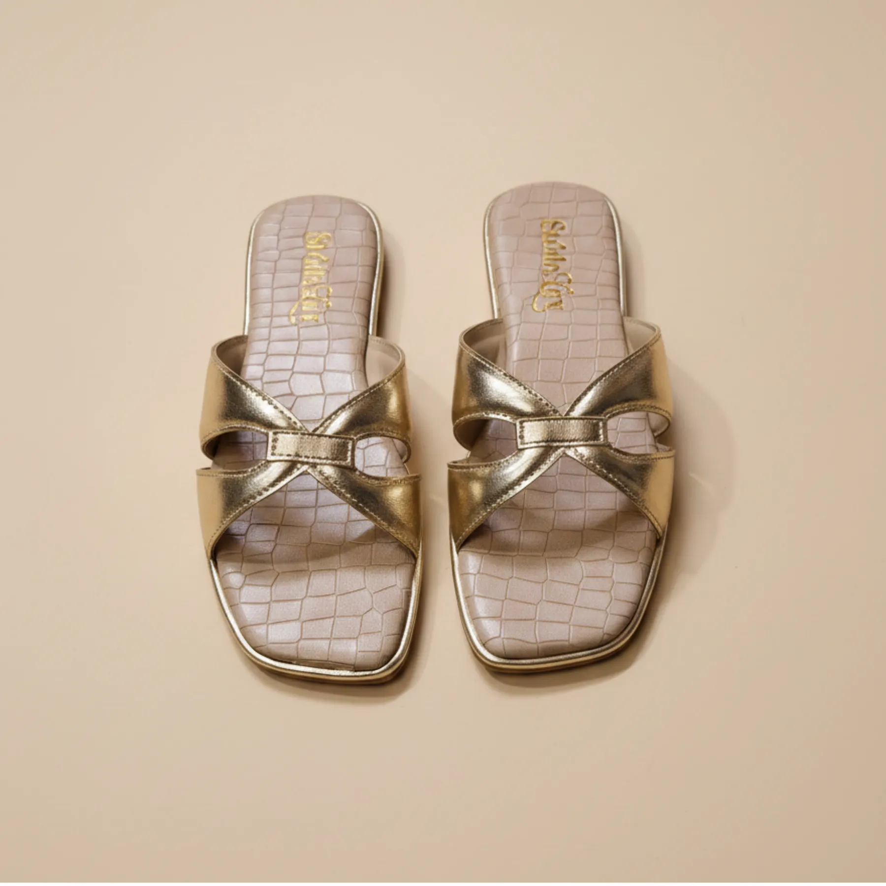 Elara Cross Strap Flat Slides – Soft Gold - Image 4