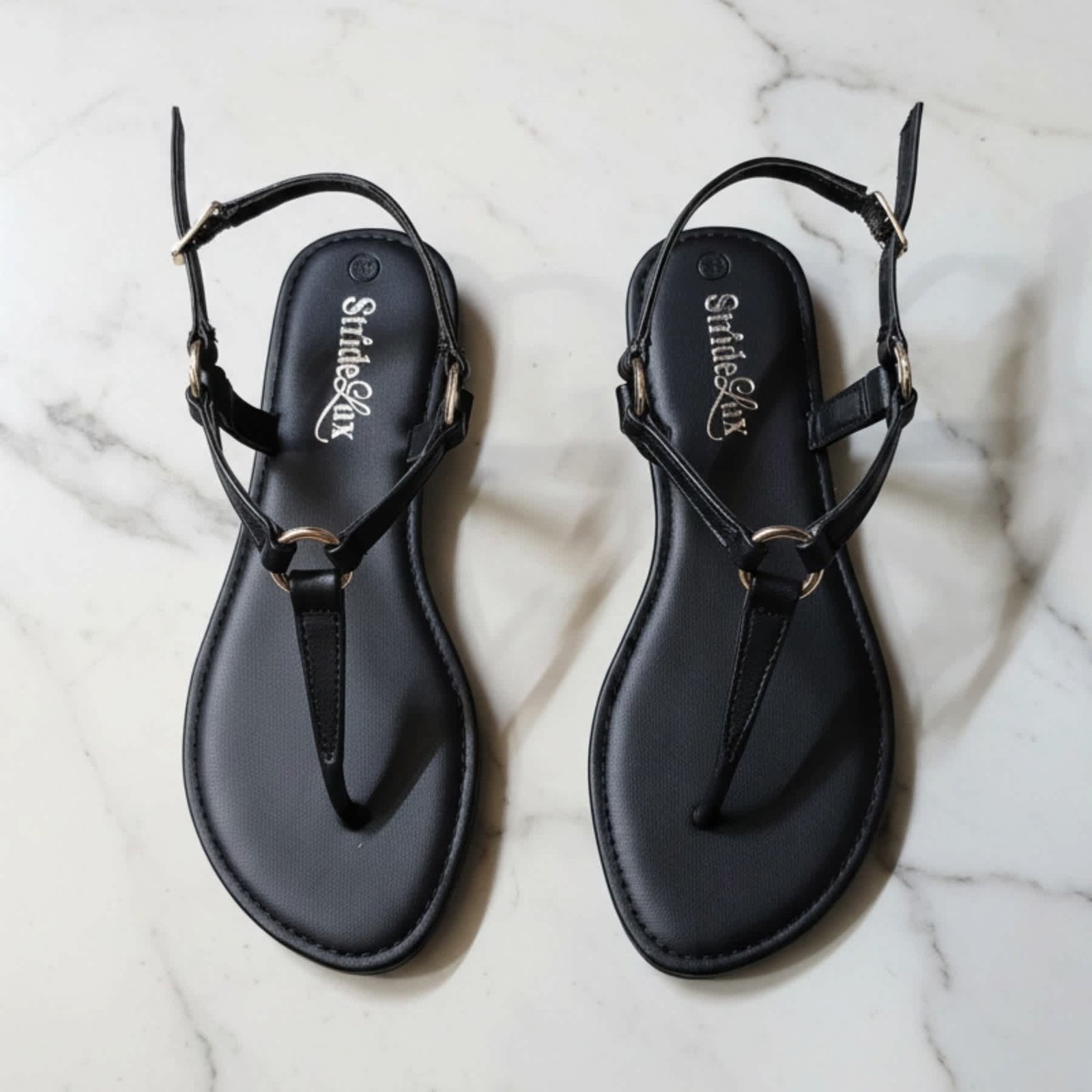 StrideLux Women Black Ring Detail Toe-Ring Flat Sandals