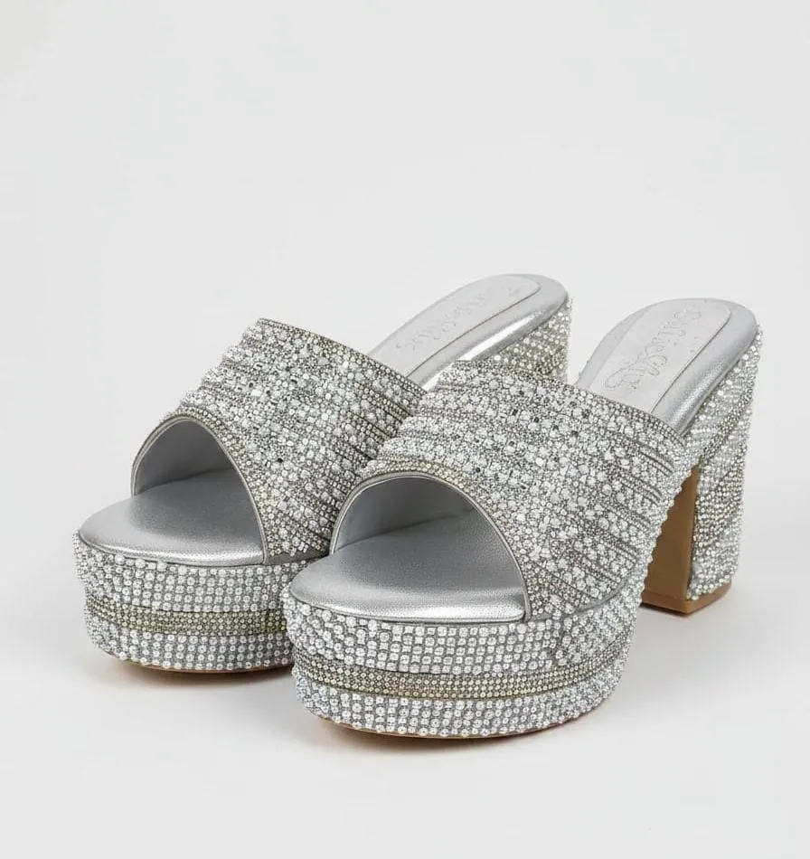 Silver Metallic Block Heel Mules for Bridal, Wedding, & Evening Party Wear