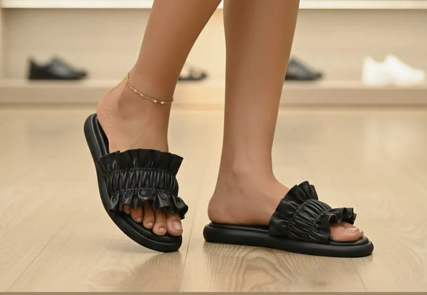 StrideLux Black Ruffle Flat Slides - Image 7