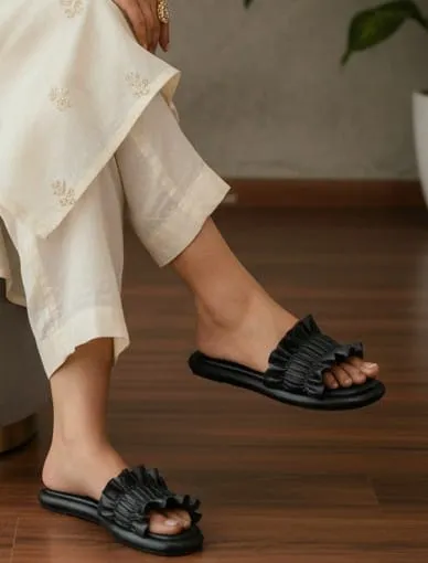 StrideLux Black Ruffle Flat Slides - Image 9