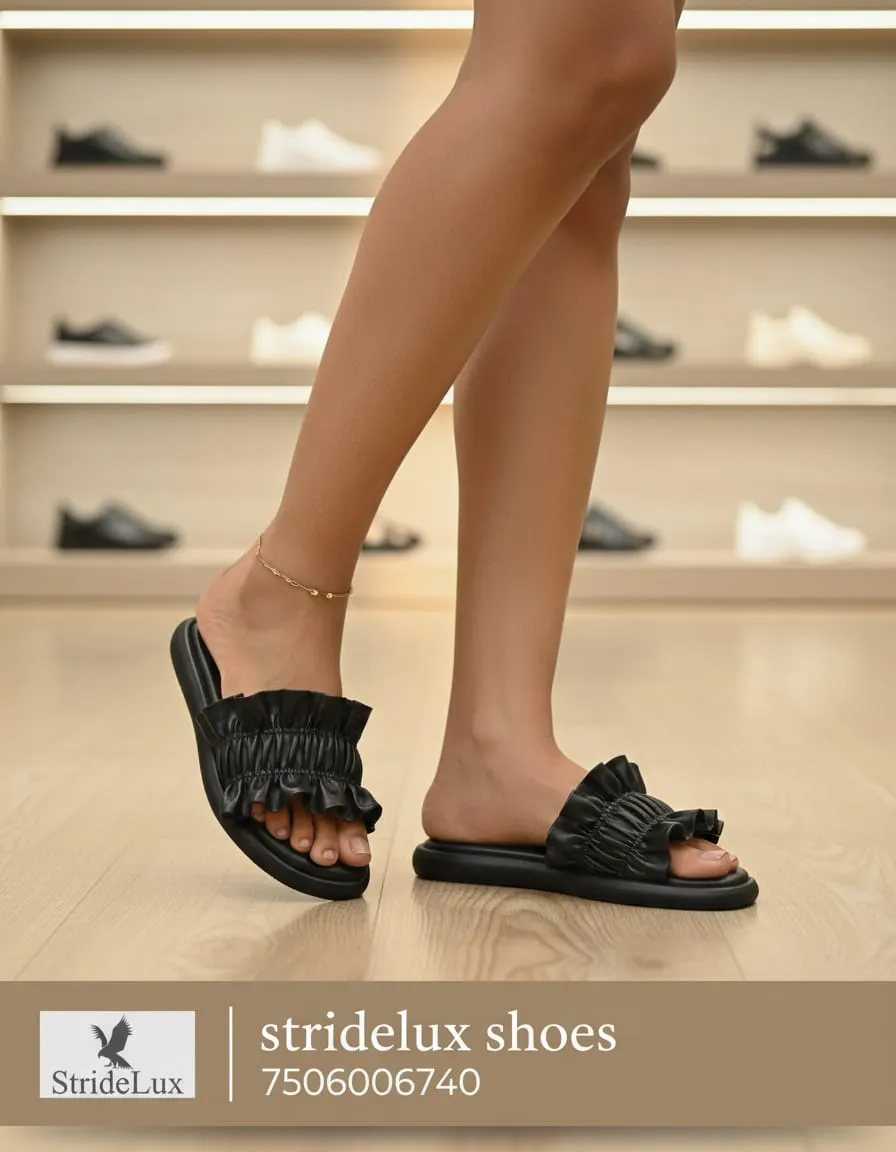 StrideLux Black Ruffle Flat Slides - Image 10
