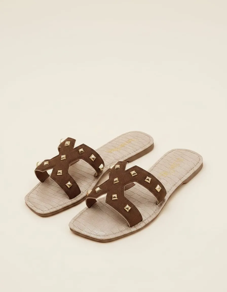 Aurelia Studded Flat Slides - Brown - Image 12
