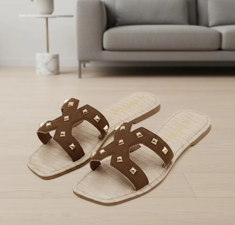 Aurelia Studded Flat Slides - Brown - Image 11