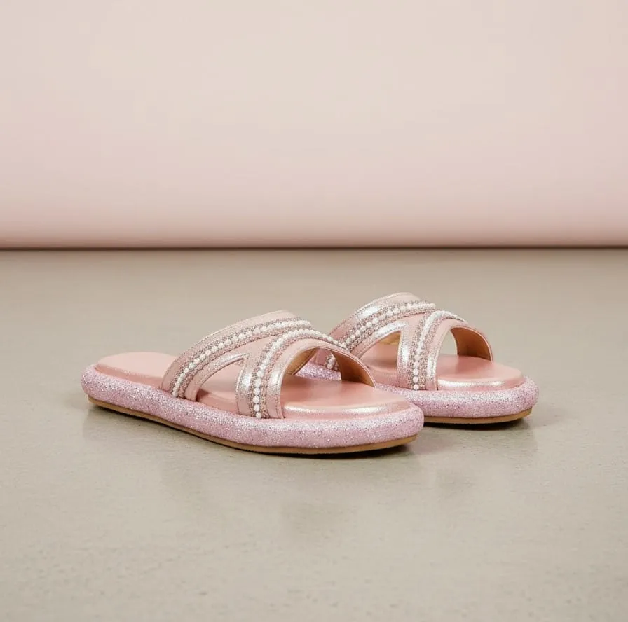 StrideLux Women Pink Gold Embellished Cross-Strap Slip-On Sandals