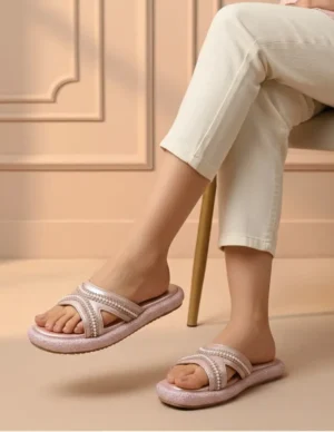 StrideLux Women Pink Gold Embellished Cross-Strap Slip-On Sandals