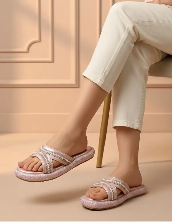 StrideLux Women Pink Gold Embellished Cross-Strap Slip-On Sandals
