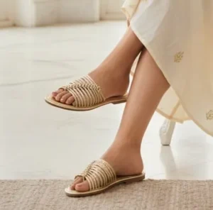 Aria Metallic Braided Flat Slides – Soft Gold
