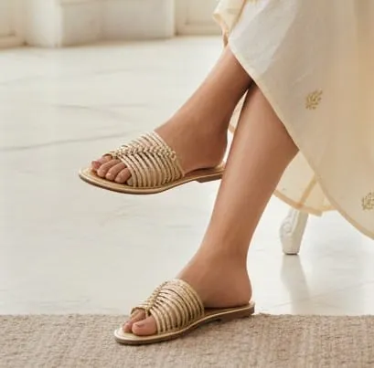 Aria Metallic Braided Flat Slides – Soft Gold